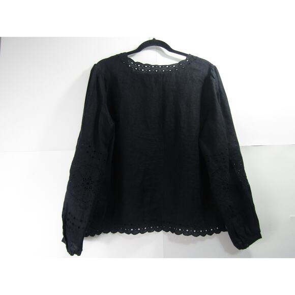 J. Crew Black Bungalow Linen Top Embroidered Women's Medium Eyelet Floral Boho - Picture 2 of 9